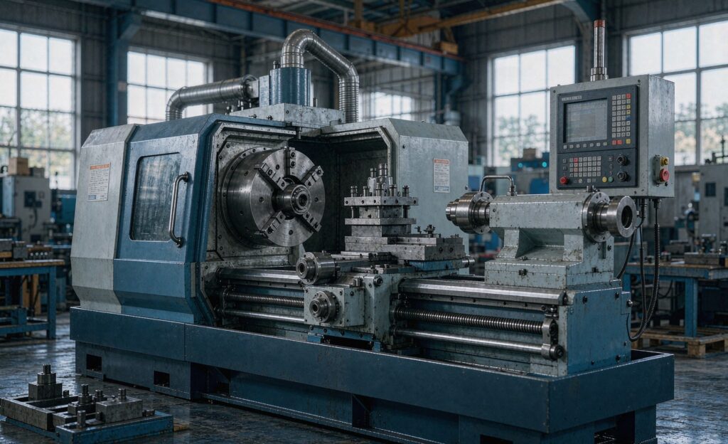 Used CNC lathe in a clean industrial workshop, control panel and spindle visible