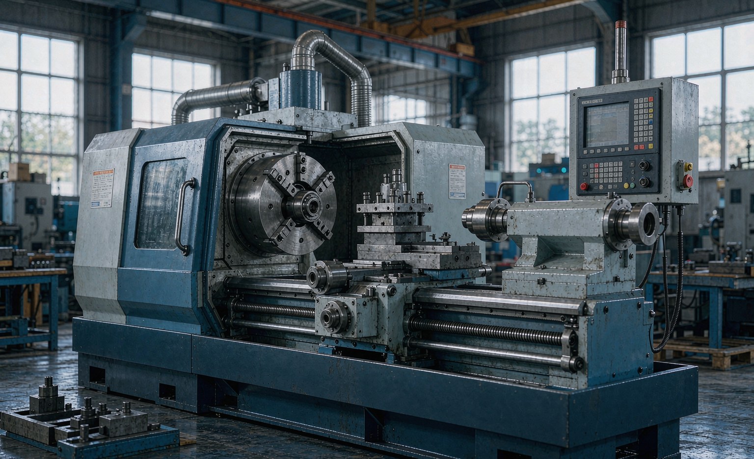 Used CNC lathe in a clean industrial workshop with control panel and spindle visible