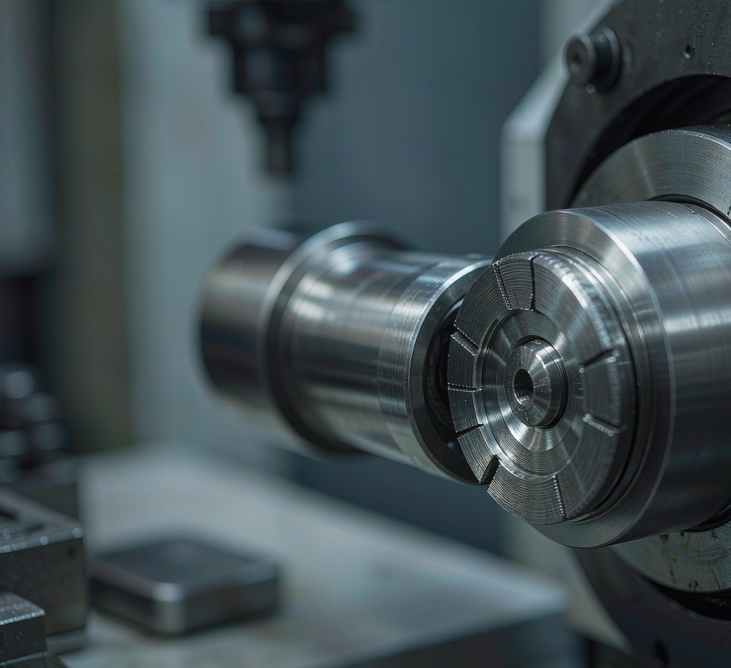 Close-up of a CNC lathe spindle nose and taper showing precision machined steel surfaces