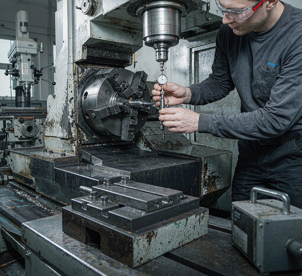 Machinist inspecting a used CNC lathe with a dial indicator during pre-purchase inspection