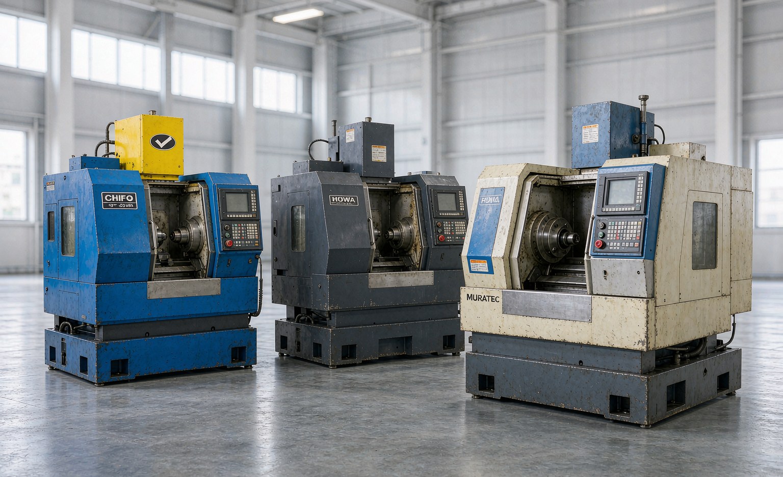 Three used CNC lathes lined up for brand and model comparison