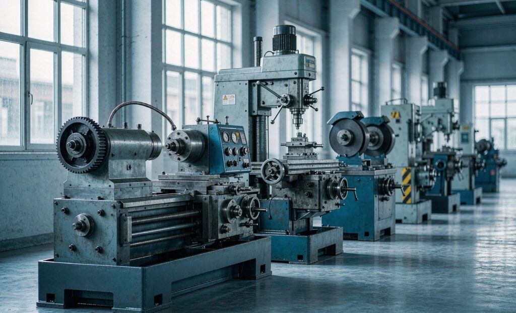 used metalworking machinery line up in a clean industrial workshop, control panels and spindle visible