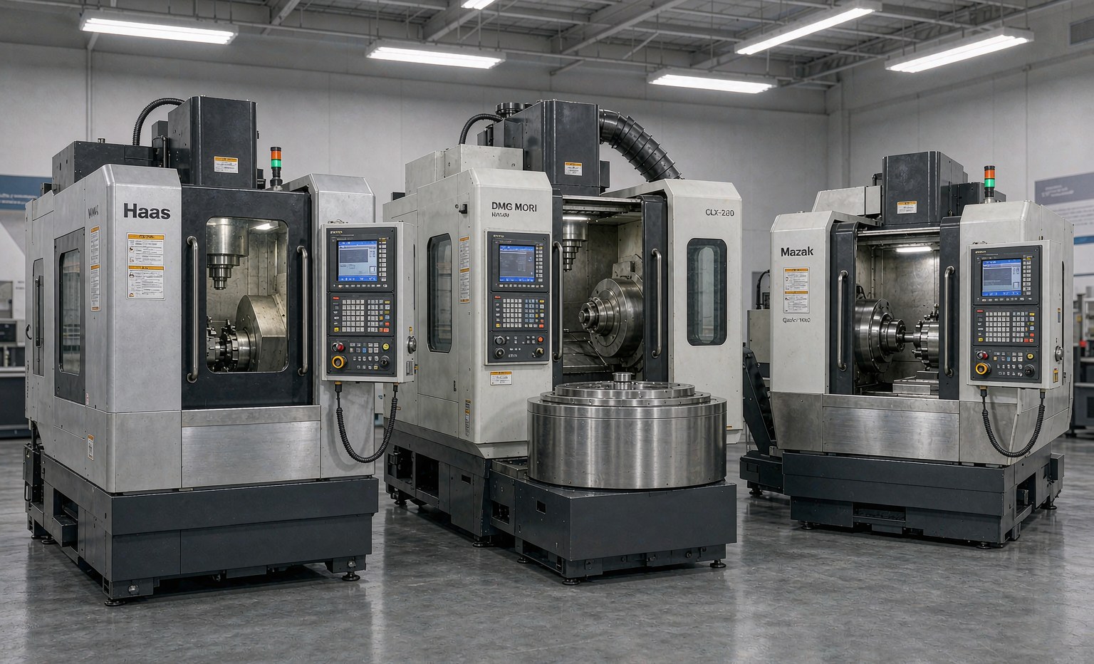 three different used CNC machines lined up side by side for brand and model comparison