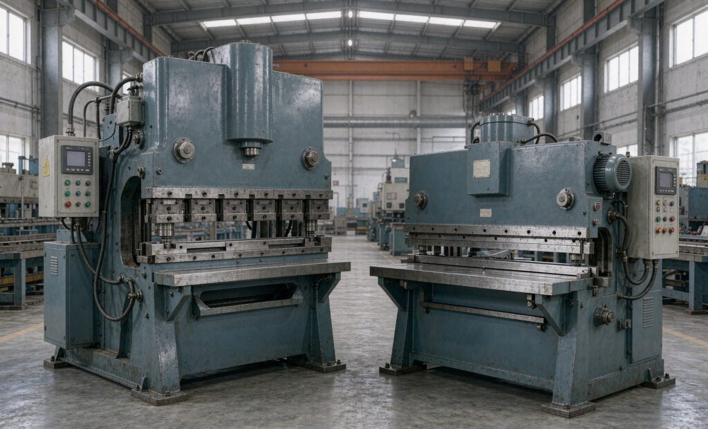 used hydraulic press brake and guillotine shearing machine in a clean industrial workshop