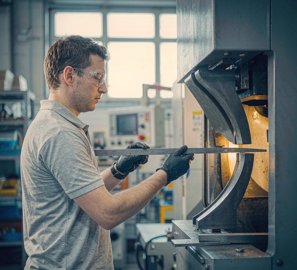 machinist in safety glasses inspecting a used shearing machine blade gap with a feeler gauge during pre-purchase inspection