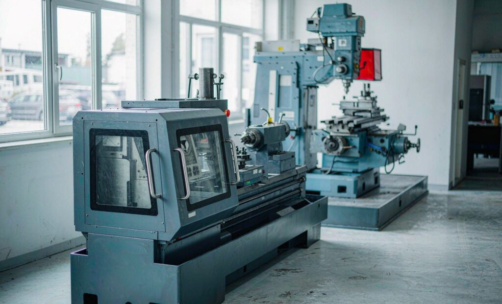 used metalworking machinery line up in a clean industrial workshop, CNC lathe and milling machine control panels and spindle visible