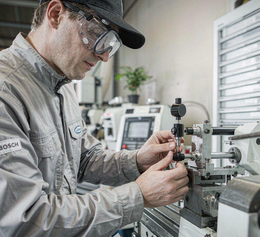 machinist inspecting a used CNC machine with a precision dial indicator in a workshop