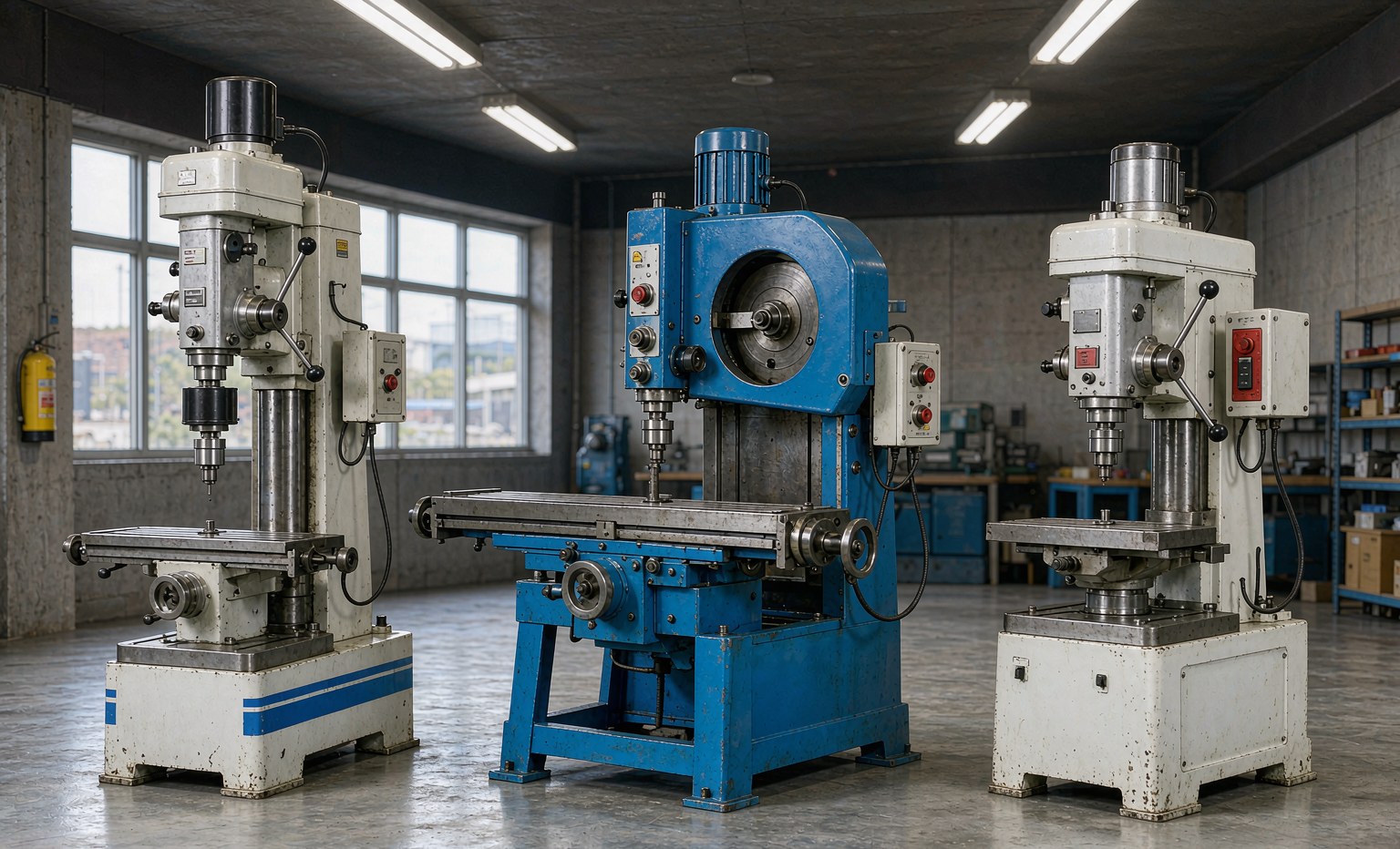 three different used metalworking machines lined up side by side in a clean industrial showroom for brand and model comparison